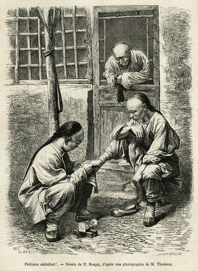 Il pedicure ambulante, scena comune della vita quotidiana nelle città cinesi, incisione per illustrare il viaggio a Pechino e nel Nord della Cina, 1873, di T. Choutze da Etienne Antoine Eugene Ronjat