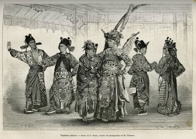 Tragedi di un teatro pechinese, specializzato in drammi storici e mitologici. Incisione dal disegno di E. Ronjat, per illustrare il viaggio a Pechino e Cina del Nord, di T. Choutze, nel 1873, pubblicato in "Le tour du monde" da Etienne Antoine Eugene Ronjat