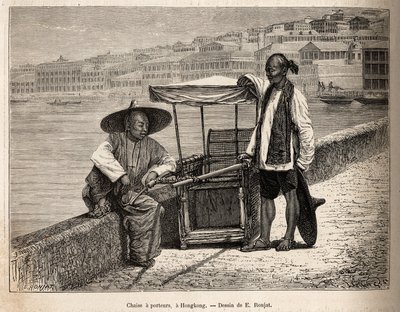 Due portatori a riposo accanto alla loro sedia a rotelle a Hong Kong, incisione dopo un disegno di E. Ronjat illustrante il viaggio in Cina, di J. Thompson, nel 1870-1872, pubblicato in 