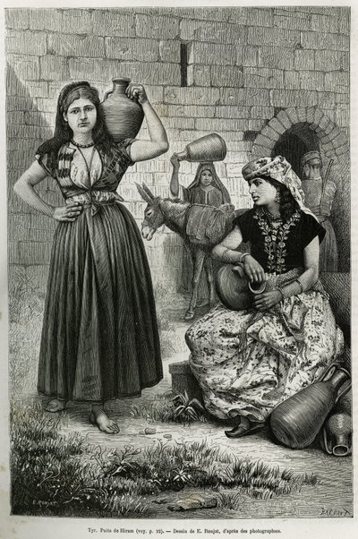 Donne che portano brocche, vicino al pozzo di Hiram a Tiro. Incisione di E.Ronjat, per illustrare la storia La Siria di oggi, di M.Lortet, decano della Facoltà di Medicina di Lione, incaricato di una missione scientifica dal Ministero dell