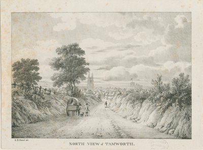 Tamworth - Vista distante da nord: litografia, nd [1796-1865] da Etienne Bruno Hamel