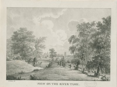 Tamworth - Il fiume Tame: litografia, nd [1796-1865] da Etienne Bruno Hamel