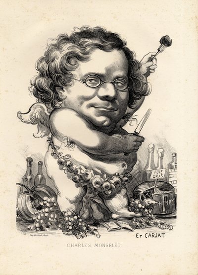 Foglio volante - Illustrazione di Etienne Carjat (1826-1906): Obeite, Foie gras - Monselet Charles (1825-1888) da Etienne Carjat