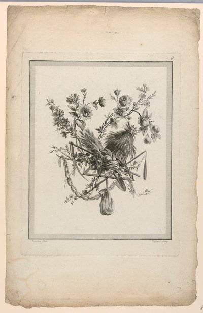 Trofeo con attrezzi per il raccolto, Tavola 6 da "Suite de différentes Attributs, Trophées, et Groupes de Fleurs," Suite II da Etienne Claude Voysard