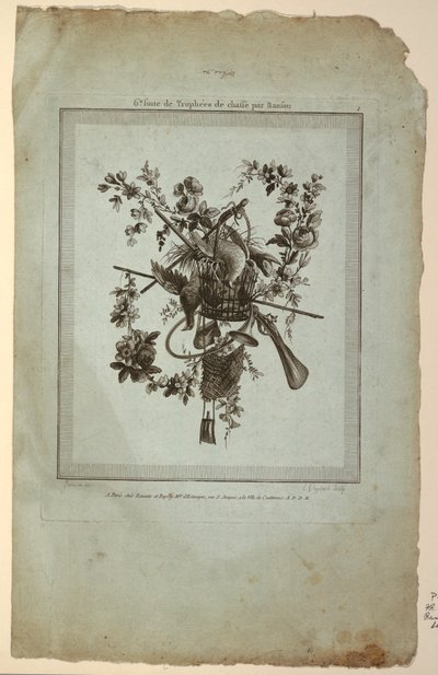 Trofeo con strumenti di caccia, Tavola 1 da "Suite de Trophées de chasse," Suite VI da Etienne Claude Voysard