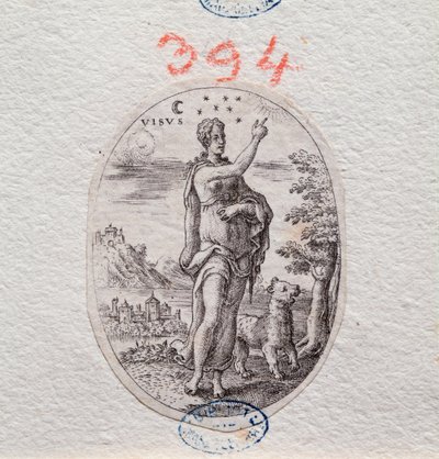 Allegoria della vista, una donna mostra il cielo (incisione) da Etienne Delaune