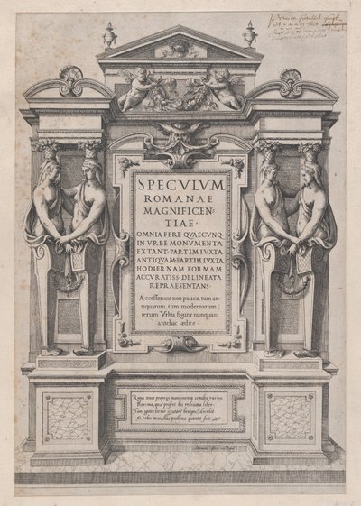 Speculum Romanae Magnificentiae: Frontespizio inciso entro architettura e scultura, 1573-77 da Etienne Duperac