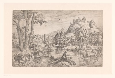 Paesaggio con pescatore e castello sulla cima della montagna da Etienne Dupérac (attributed to)