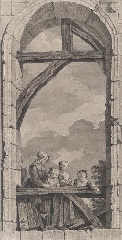 La cappella degli Enfants-Trouvés a Parigi: Religiosa e bambine che guardano il presepe da Etienne Fessard