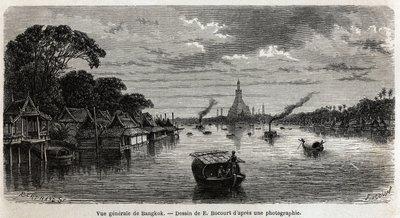Veduta generale di Bangkok (Thailandia), disegno di E. Bocour, per illustrare il viaggio di Henri Mouhot nei regni di Siam, Cambogia e Laos dal 1858 al 1861. Incisione in “Le tour du monde”, edito da Edouard Charton da Etienne Gabriel Bocourt