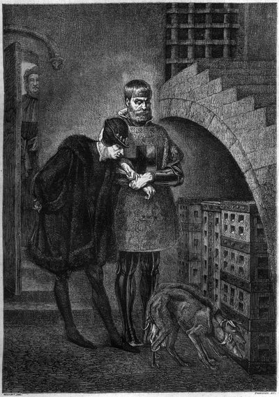 Re Luigi XI di Francia (1423-1483) visita il prigioniero Jean de La Balue (Cardinale Balue) (1421-1491), rinchiuso in una gabbia di ferro. Incisione di Bocour dal dipinto di Gerome da Etienne Gabriel Bocourt