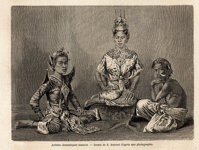 Artisti drammatici siamesi, disegno di E.Bocour, per illustrare il viaggio di Henri Mouhot nei regni di Siam, Cambogia e Laos dal 1858 al 1861. Incisione in Le tour du monde, a cura di Edouard Charton da Etienne Gabriel Bocourt