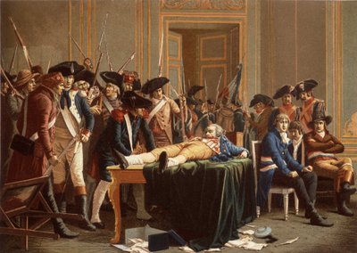 La mattina del 10 Thermidor Anno II; Maximilien de Robespierre, con una mascella fratturata, disteso su un tavolo da Etienne Lucien (after) Melingue