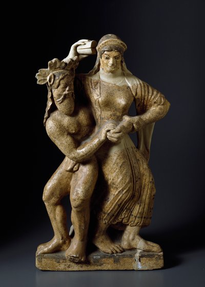 Antichità etrusca: "Satiro e menade danzante" Scultura in terracotta da un tempio di Mater Matuta a Satricum. 480 a.C. Roma, Museo Nazionale di Villa Giulia da Etruscan
