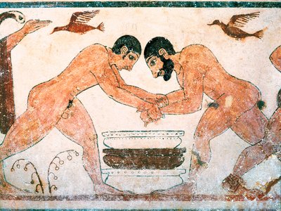 Arte etrusca: Atleti rappresentati nella tomba degli auguri nella necropoli di Monterozzi Tarquinia, vicino a Viterbo, Italia. Affresco del VI secolo a.C. da Etruscan