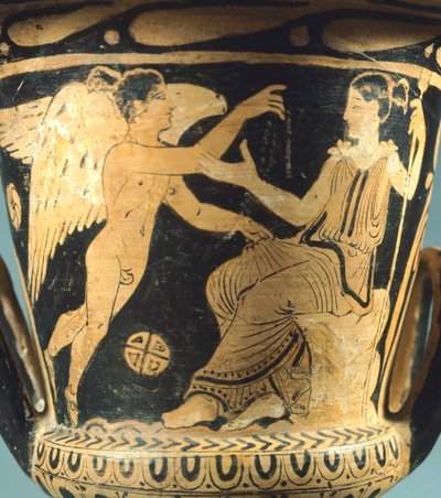 Cratere a calice (grande vaso) del Pittore di Villia Giulia raffigurante Atena e uno spirito alato. Ceramica a figure rosse da Cerveteri (Lazio). Civiltà etrusca, IV secolo a.C. da Etruscan