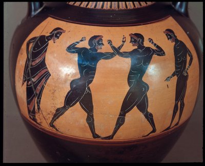 Civiltà etrusca: anfora in terracotta decorata con una scena di pugilato (dettaglio) 550-500 a.C. dalla Tomba del Guerriero a Vulci, Italia da Etruscan