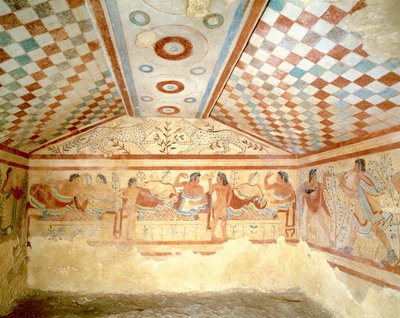 Tomba etrusca dei Leopardi, affresco che mostra una scena di banchetto, Tarquinia. V secolo a.C., Italia da Etruscan