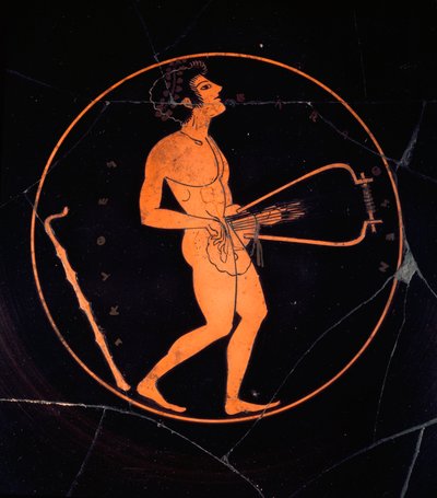 Arte etrusca: Kylix in terracotta nera decorata con la rappresentazione di un suonatore di lira. Dalla tomba dei vasi greci. Necropoli della Banditaccia. Cerveteri. VI o V secolo a.C. Roma, Museo Nazionale di Villa Giulia da Etruscan