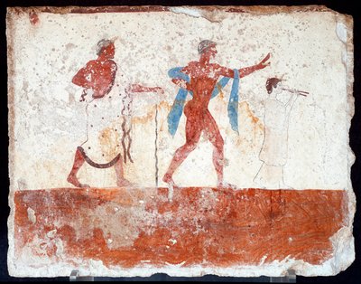 Arte etrusca: un giovane efebo, un musicista e un maestro di cerimonie. Affresco della tomba del "tuffatore". Dal cimitero meridionale di Paestum. 480-470 a.C. Museo Archeologico Nazionale, Paestum da Etruscan