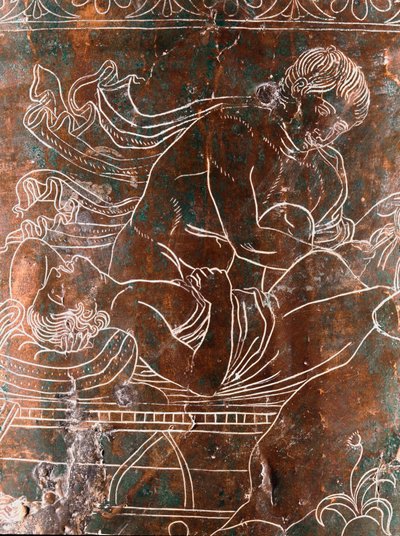 Arte etrusca: (dettaglio) del Cista Ficoroni in bronzo che rappresenta la leggenda degli Argonauti: la nave di Argo. Da Preneste (Palestrina). 340 a.C. Museo Nazionale di Villa Giulia, Roma da Etruscan