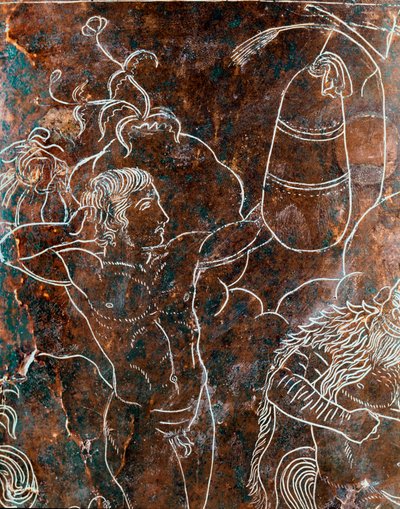 Arte etrusca: dettaglio del Cista Ficoroni in bronzo rappresentante la leggenda degli Argonauti: un argonauta che si allena nel pugilato. Da Preneste (Palestrina). 340 a.C. Museo Nazionale di Villa Giulia, Roma da Etruscan