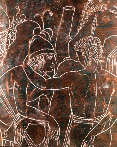 Arte etrusca: dettaglio del Cista Ficoroni in bronzo rappresentante la leggenda degli Argonauti. Da Preneste (Palestrina). 340 a.C. Museo Nazionale di Villa Giulia, Roma da Etruscan