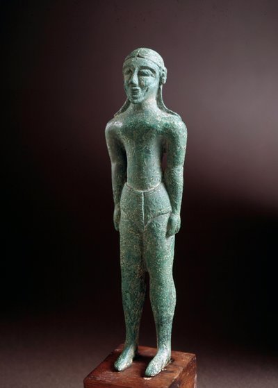 Civiltà etrusca: scultura in bronzo di kouros, da Castello vicino a Firenze, Italia, 550 a.C., Dim 15 cm da Etruscan