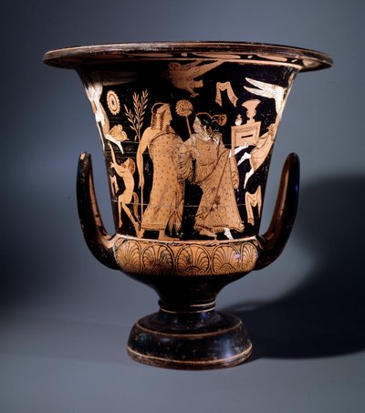 Civiltà etrusca: cratere in terracotta decorato dal pittore di Nazzano rappresentante Apollo e una menade, 350 a.C. Dim 57 cm, dal sito di Civita Castellana da Etruscan