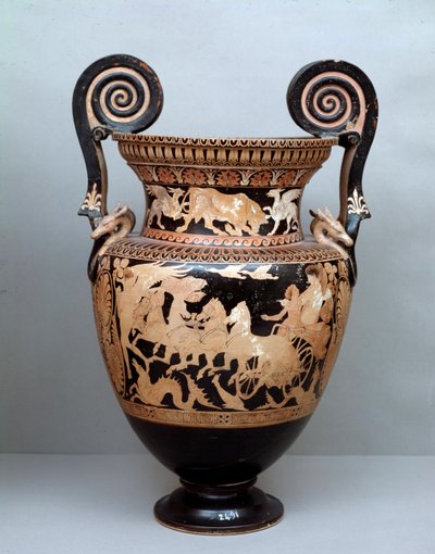 Civiltà etrusca: cratere in terracotta con volute rappresentante Aurora sul suo carro, 360-340 a.C., da Cerveteri, Italia da Etruscan