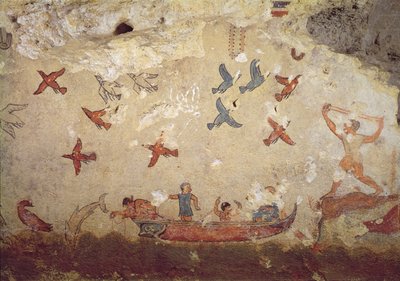 Pescatori in barca e uccelli in volo, dalla Tomba della Pesca e della Caccia, c.520-510 a.C. da Etruscan