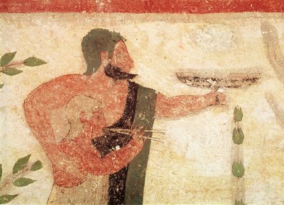 Testa di un uomo e bambino che suona un doppio flauto, dalla Tomba del Barone, c.500 a.C. (dettaglio) da Etruscan