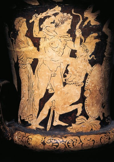 Italia, Umbria, Perugia, Cratere a calice a figure rosse raffigurante Eracle che colpisce un