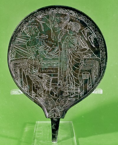 Specchio raffigurante Afrodite che persuade Elena a seguire Paride a Troia, da Palestrina da Etruscan