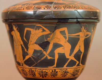 Pyxis con atleti in palestra. Ceramica a figure rosse da Cerveteri (Lazio). Civiltà etrusca, IV secolo a.C. da Etruscan