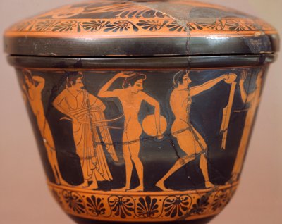 Pyxis con atleti che eseguono il lancio del disco e altre discipline. Ceramica a figure rosse, da Cerveteri (Lazio). Civiltà Etrusca, IV secolo a.C. da Etruscan