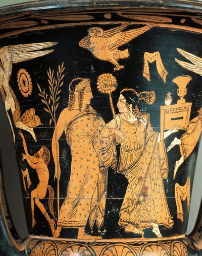 Ceramica a figure rosse, Cratere, da Civita Castellana, antica Falerii, provincia di Roma, Italia (dettaglio), Dioniso incoronato e Arianna da Etruscan