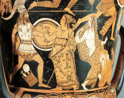 Ceramica a figure rosse, dettaglio di cratere raffigurante Menelao affrontato da Afrodite mentre raggiunge Elena, da Civita Castellana, antica Falerii, provincia di Roma, Italia da Etruscan