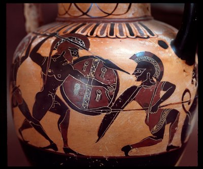 Anfora in terracotta con rappresentazione di un duello tra due soldati, 520-500 a.C. da Etruscan
