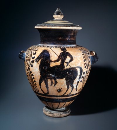 Stamnos in terracotta raffigurante un cavaliere, 500-490 a.C. da Etruscan
