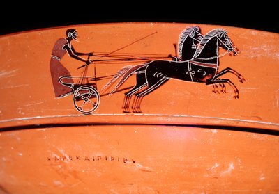 Dettaglio di un vaso in terracotta rappresentante un carro trainato da due cavalli, IV secolo a.C. da Etruscan