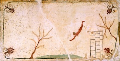 Subacqueo, circa 480-490 a.C., affresco decorativo dalla lastra di copertura della Tomba del Subacqueo a Paestum, Campania, Italia, V secolo a.C. da Etruscan
