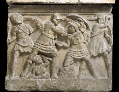 Arte etrusca: “Eteocle e Polinice” i due fratelli, figli di Edipo, bassorilievo di un sarcofago di Chiusi, III secolo a.C. - Palermo, Museo Archeologico Nazionale - Duello tra i fratelli Eteocle e Polinice, figli di Edipo - Bassorilievo, dettaglio da Etruscan Etruscan