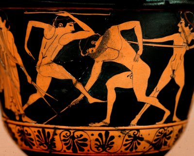 Arte etrusca: pyxis decorata con scena di palestra, atleti che praticano il lancio del giavellotto da Cerveteri. Roma, Museo di Villa Giulia da Etruscan Etruscan