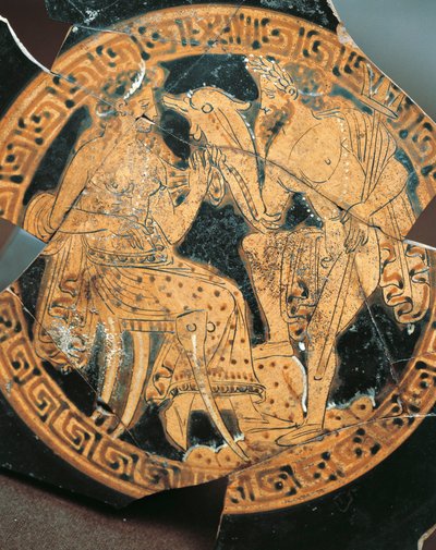 Ceramica a figure rosse, decorazione interna di un cratere raffigurante Poseidone e Anfitrite, civiltà etrusca da Etruscan Etruscan