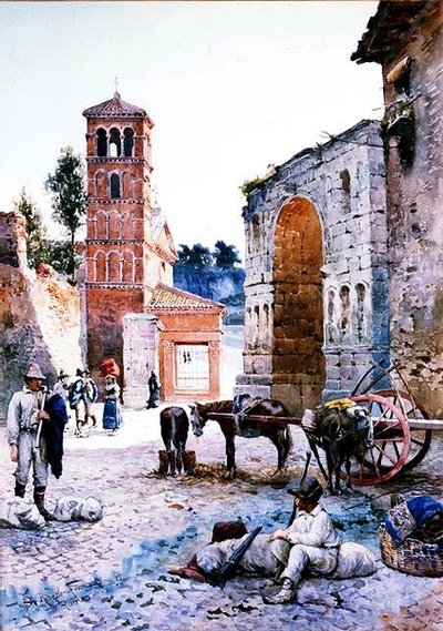 Figure in una Piazza Romana vicino a un Arco da Ettore Roesler Franz
