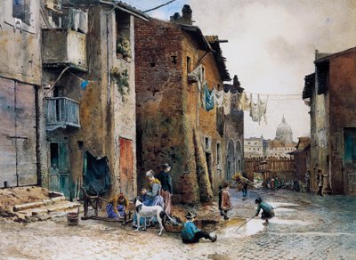 Case medievali in Via della Lungaretta a Roma, di Ettore Roesler Franz, acquerello, Italia da Ettore Roesler Franz