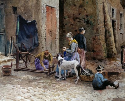 Donne concentrate sulla filatura, dettaglio di vecchie case in Lungaretta a Roma da Ettore Roesler Franz
