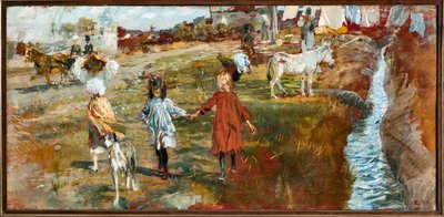 Paesaggio di campagna con bambini e cane, un asino vicino al fiume da Ettore Tito