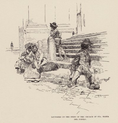 Persone sui gradini della Chiesa di Santa Maria del Popolo (incisione) da Ettore Tito